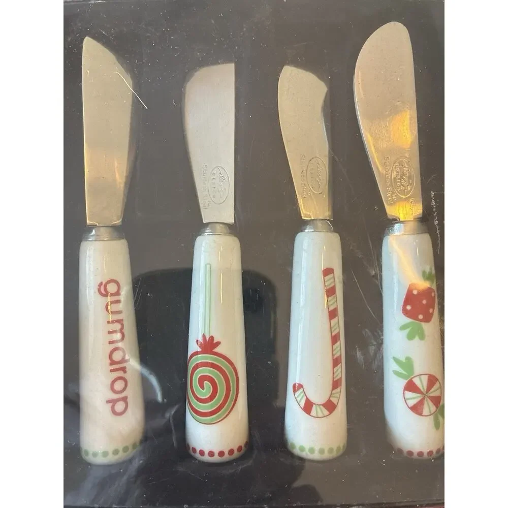 4 Christmas cheese spreaders Stainless Steel Knives porcelain holiday sweets
